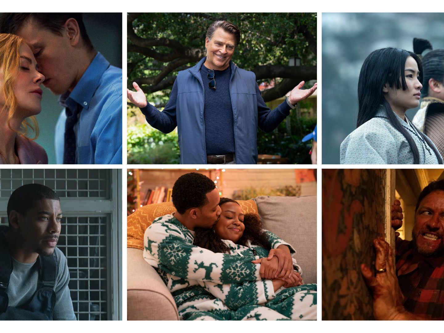 Clockwise from top left: Nicole Kidman and Harris Dickinson in <em>Babygirl </em>(A24); Ted McGinley in <em>Shrinking</em> (Apple TV+); Anna Sawai and Hiroyuki Sanada in <em>Shogun </em>(FX); James McAvoy in <em>Speak No Evil (</em>Susie Allnutt/Universal Studios); Tyler James Williams and Quinta Brunson in <em>Abbott Elementary </em>(Gilles Mingasson/Disney); Aaron Pierre in <em>Rebel Ridge</em> (Allyson Rigg/Netflix).