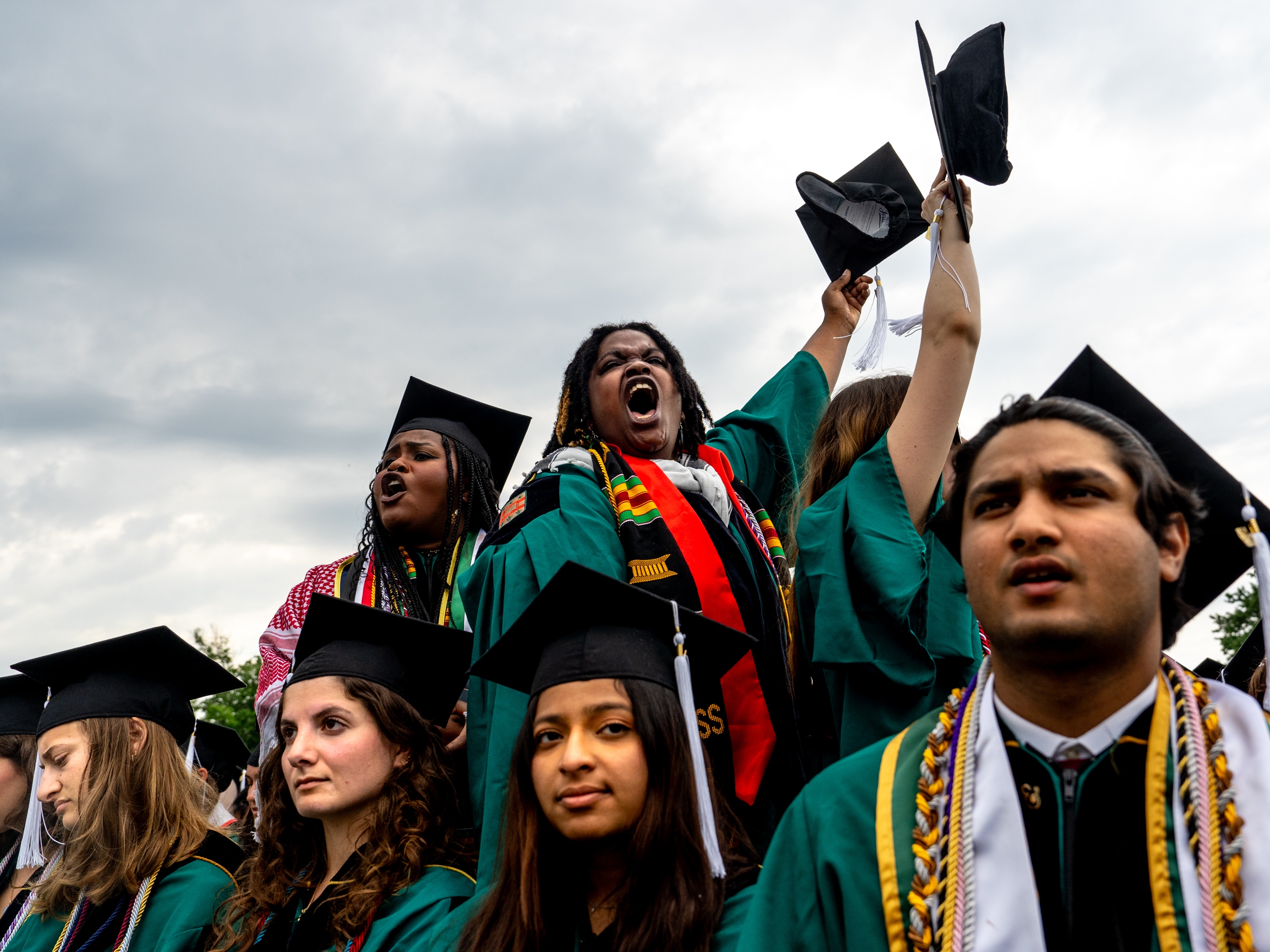 Graduating students protests remarks by Washington University Chancellor Andrew Martin on May 13 at the university's campus near Clayton, Mo. Full story <a href=st-louis-washington-university-graduation-israel-palestine-war-protests_target%3d__blank_.html   >here</a>.