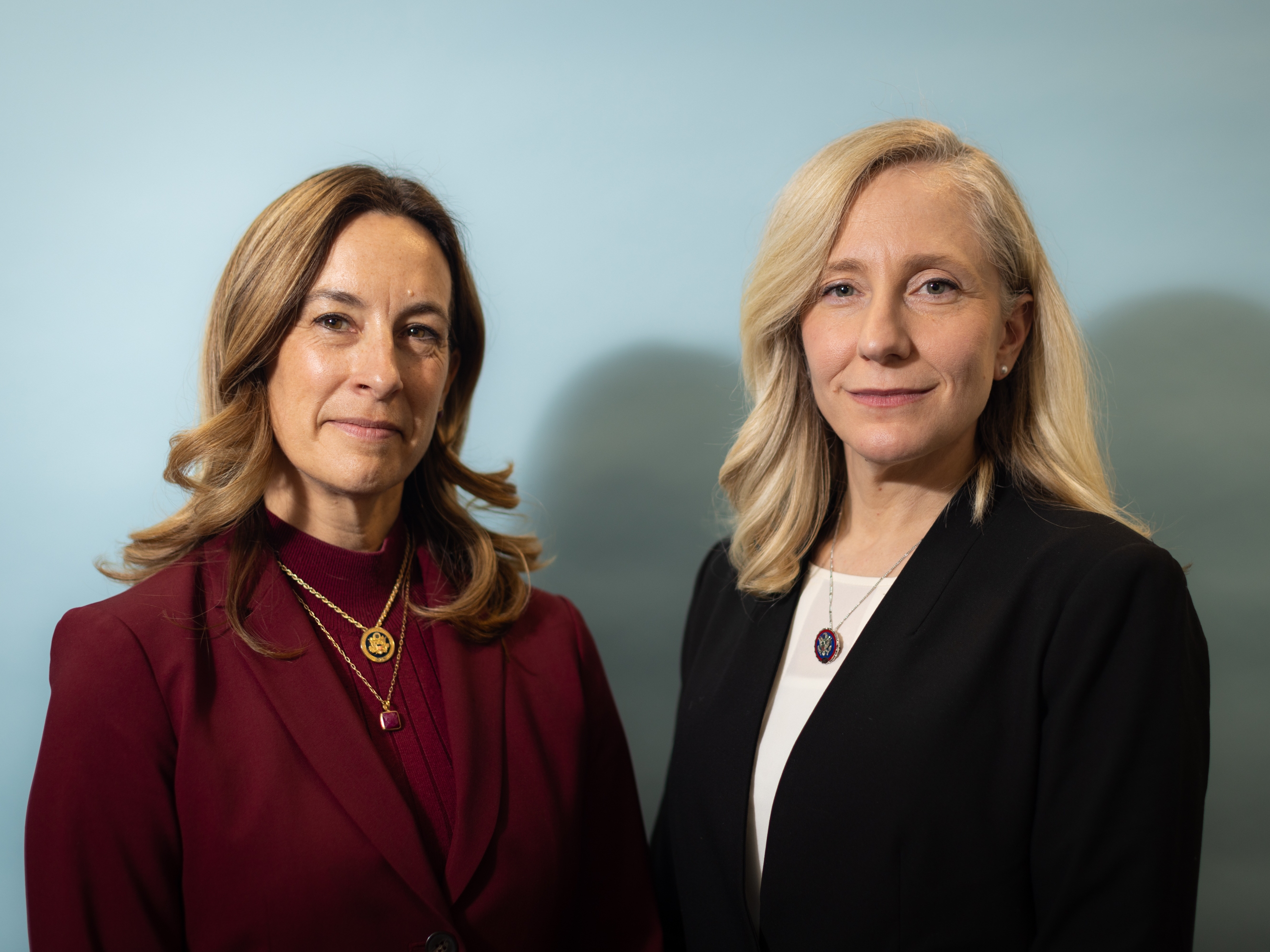 U.S. Reps. Mikie Sherrill, D-N.J., (left) and Abigail Spanberger, D-Va., pose for a portrait together at NPR headquarters in Washington, D.C, on Dec. 18, 2024.