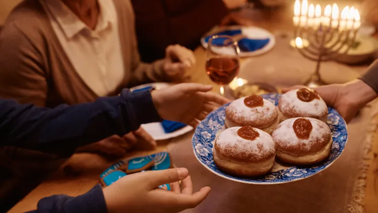 Hanukkah foods often focus on frying, so latkes are at the center of the table. But when it comes to the sweet side of things, jelly donuts or “sufganiyot” are a must-eat.